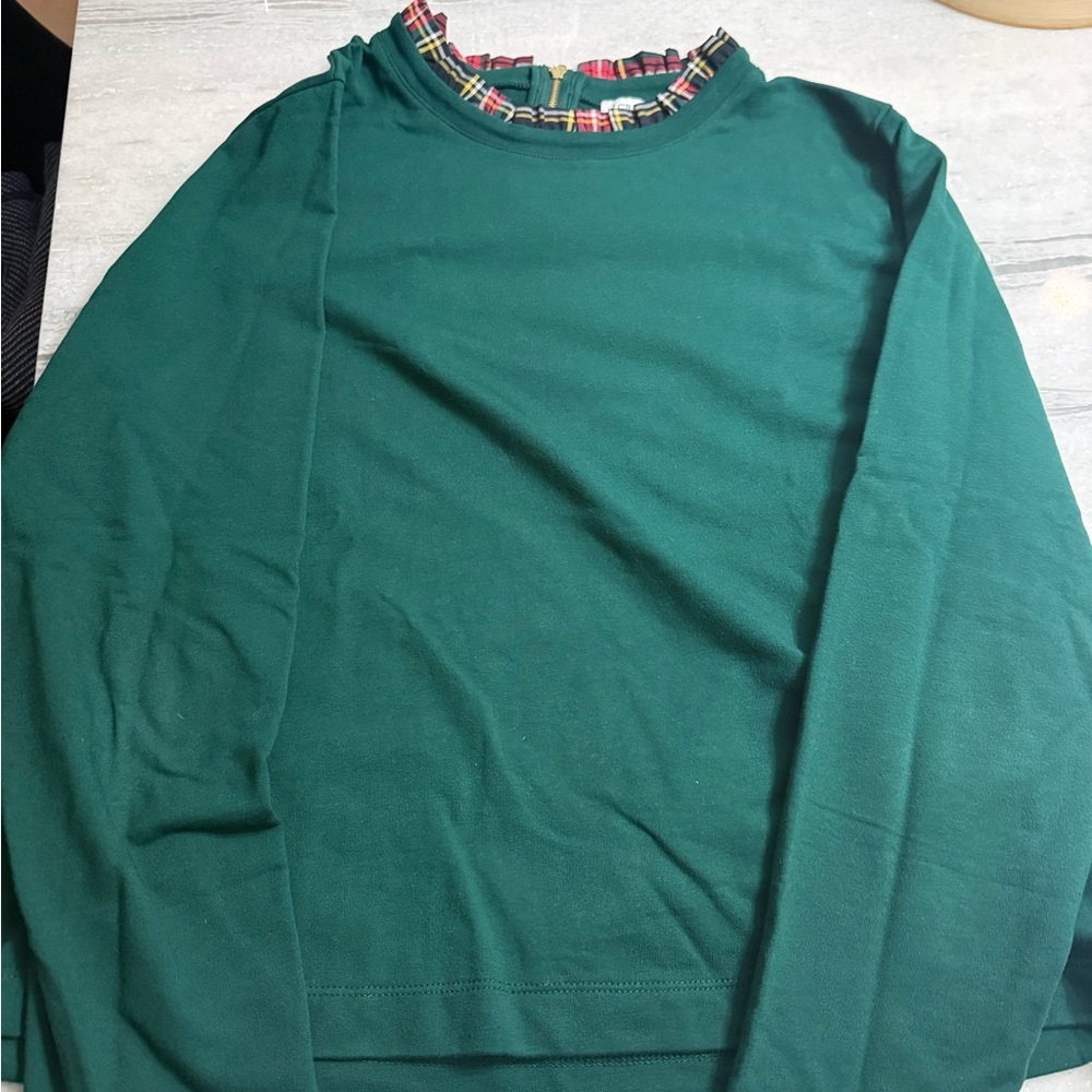 J. Crew Forest Green Top with Plaid Trim